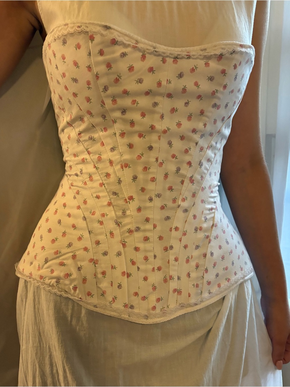 Victorian cotton hip spring corset. Dainty, floral, cottagecore, REVERSIBLE!